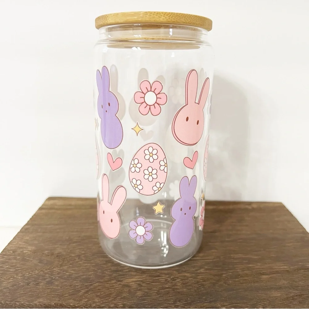 Cute Bunny and Flower Libbey Glass Can with Bamboo lid and Straw